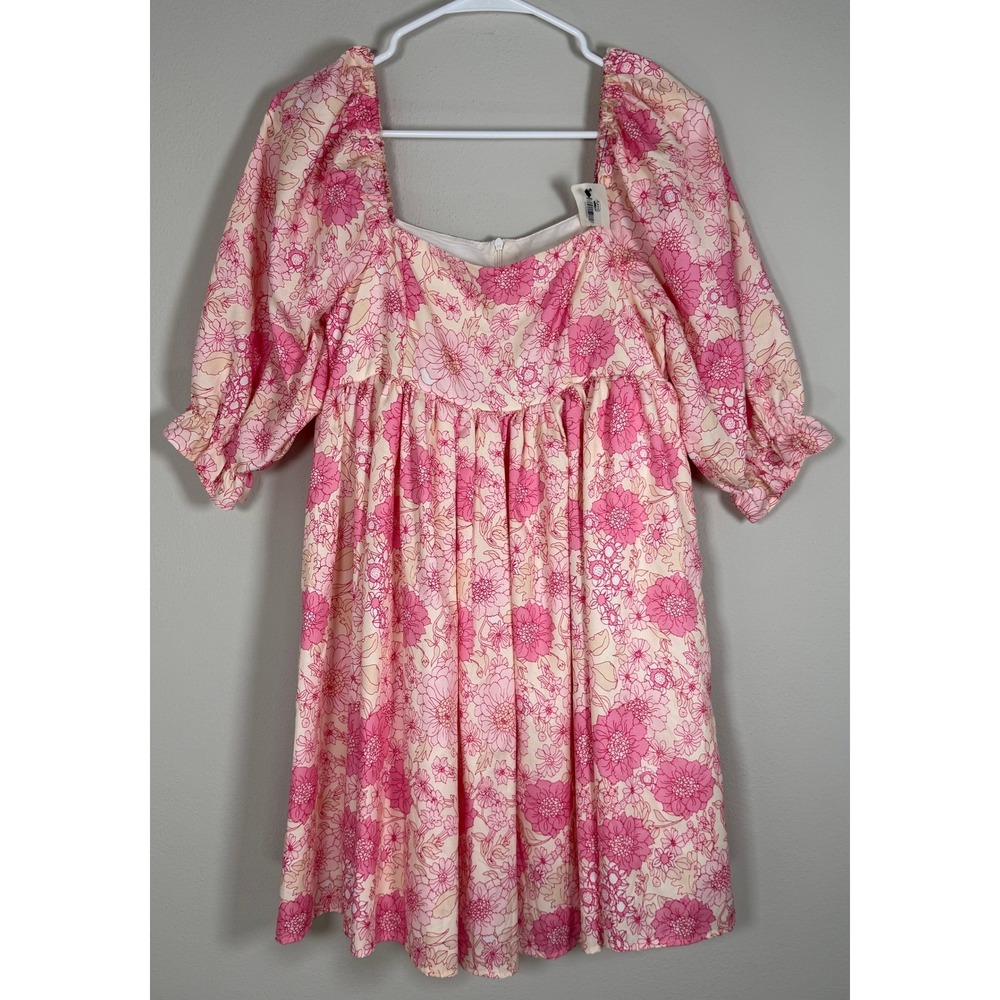 Look Sky Floral Mini Dress Womens S NWT Pink Puff Sleeve Babydoll Coquette 70s